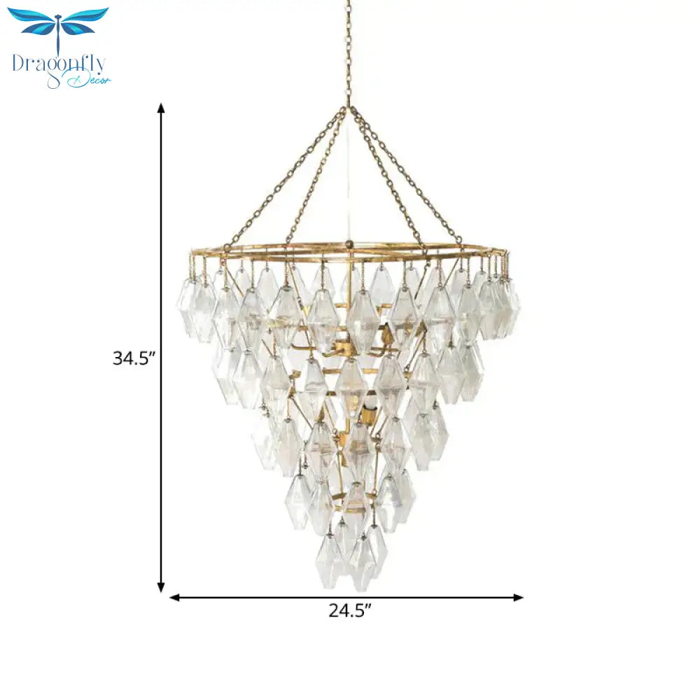 Gold Conical Chandelier Light Rustic Crystal 10 Lights Living Room Suspension Pendant