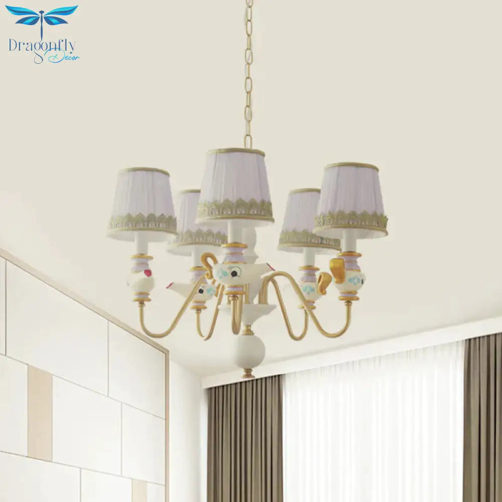 Gold Conical Pendant Lighting Modernism 3/5/6 Lights Fabric Hanging Chandelier With Teapot Decor