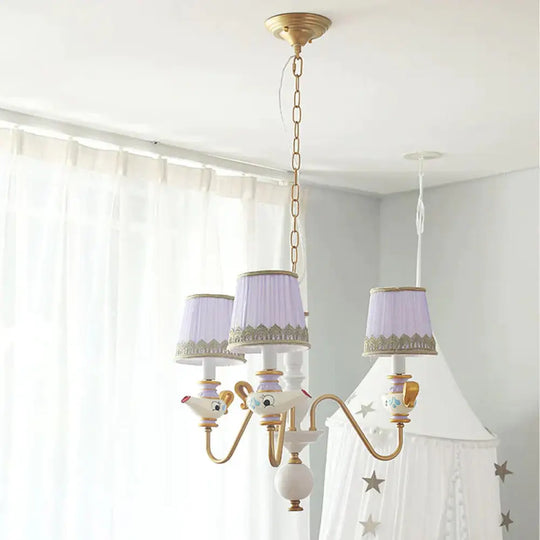 Gold Conical Pendant Lighting Modernism 3/5/6 Lights Fabric Hanging Chandelier With Teapot Decor 3 /