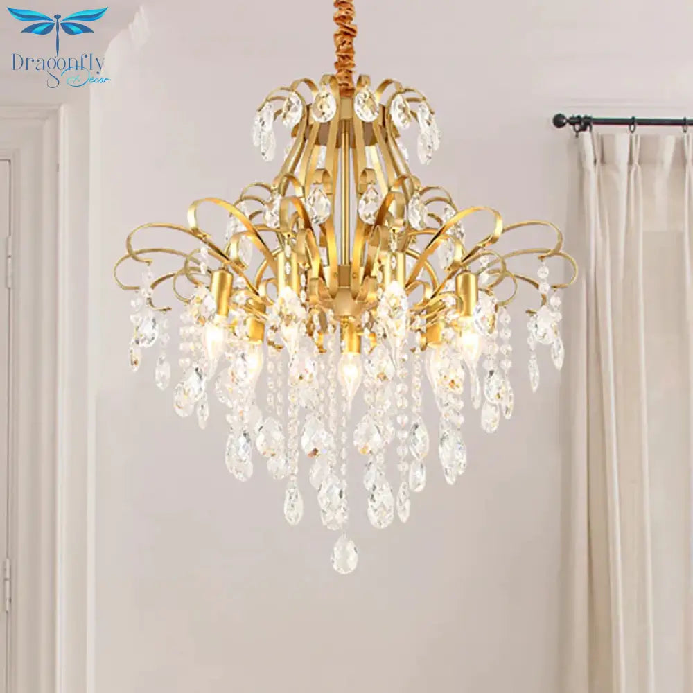 Gold Curved Arm Suspension Light Modern 3/7 Lights Crystal Drip Chandelier Fixture For Living Room