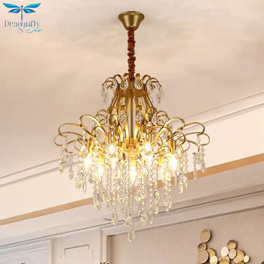 Gold Curved Arm Suspension Light Modern 3/7 Lights Crystal Drip Chandelier Fixture For Living Room