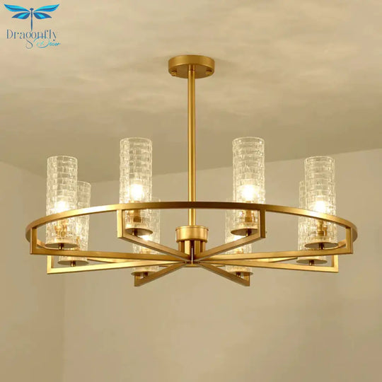 Gold Cylinder Chandelier Lamp Traditional Clear Ribbed Glass 6/8/10 Lights Living Room Hanging
