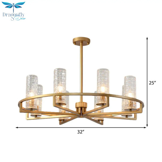 Gold Cylinder Chandelier Lamp Traditional Clear Ribbed Glass 6/8/10 Lights Living Room Hanging