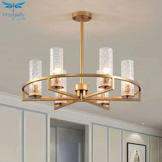 Gold Cylinder Chandelier Lamp Traditional Clear Ribbed Glass 6/8/10 Lights Living Room Hanging