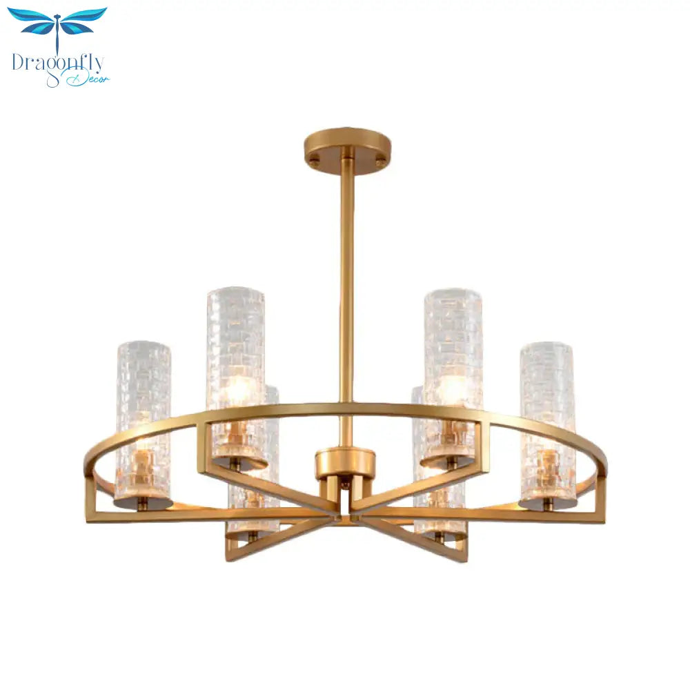 Gold Cylinder Chandelier Lamp Traditional Clear Ribbed Glass 6/8/10 Lights Living Room Hanging