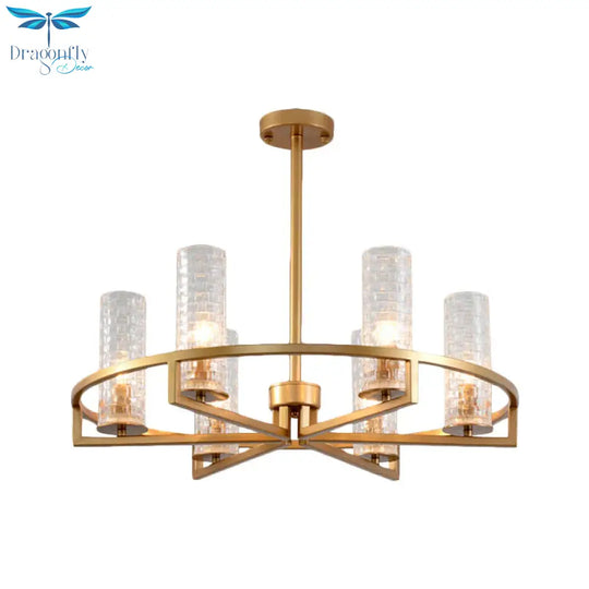 Gold Cylinder Chandelier Lamp Traditional Clear Ribbed Glass 6/8/10 Lights Living Room Hanging