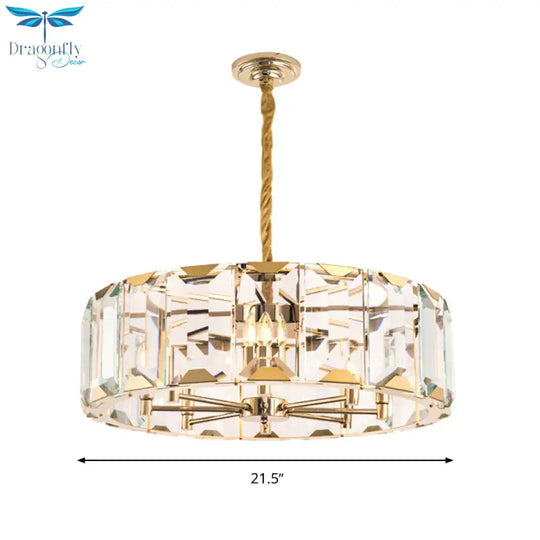 Gold Drum Ceiling Lamp Postmodern Faceted Crystal Panel 6 Heads Living Room Chandelier Lighting