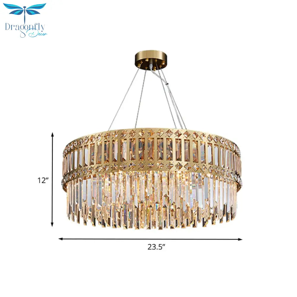 Gold Drum Hanging Chandelier Modern Strip Crystal 10 Lights Living Room Pendant Lamp