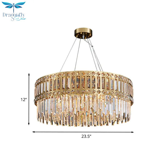Gold Drum Hanging Chandelier Modern Strip Crystal 10 Lights Living Room Pendant Lamp