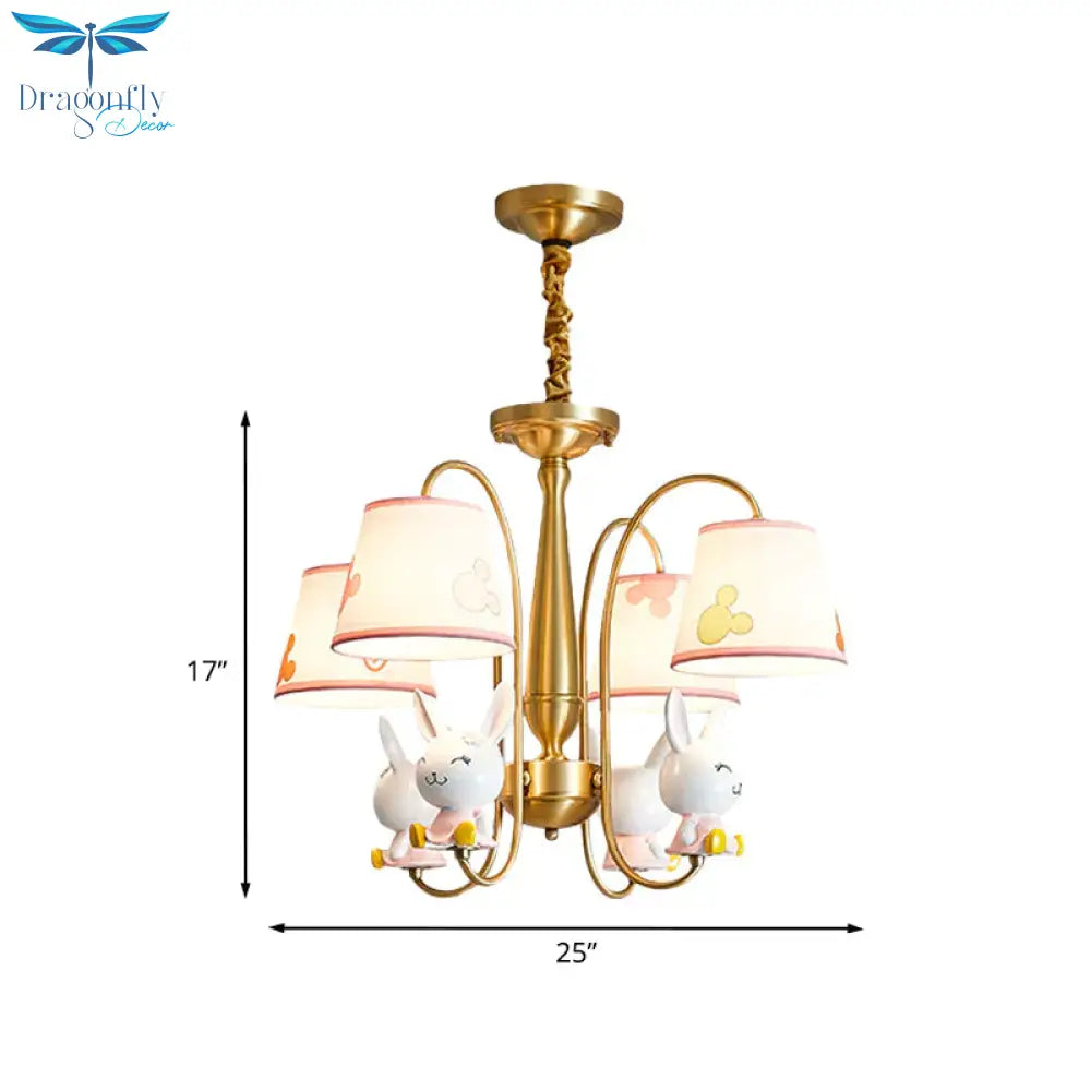 Gold Finish Barrel Shade Chandelier Cartoon 4 Bulbs Fabric Hanging Ceiling Light With Rabbit Deco