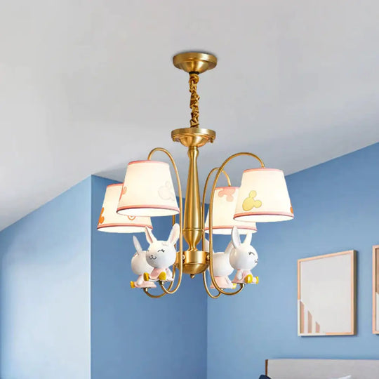 Gold Finish Barrel Shade Chandelier Cartoon 4 Bulbs Fabric Hanging Ceiling Light With Rabbit Deco