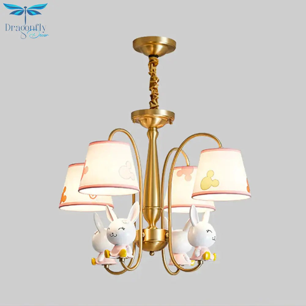 Gold Finish Barrel Shade Chandelier Cartoon 4 Bulbs Fabric Hanging Ceiling Light With Rabbit Deco