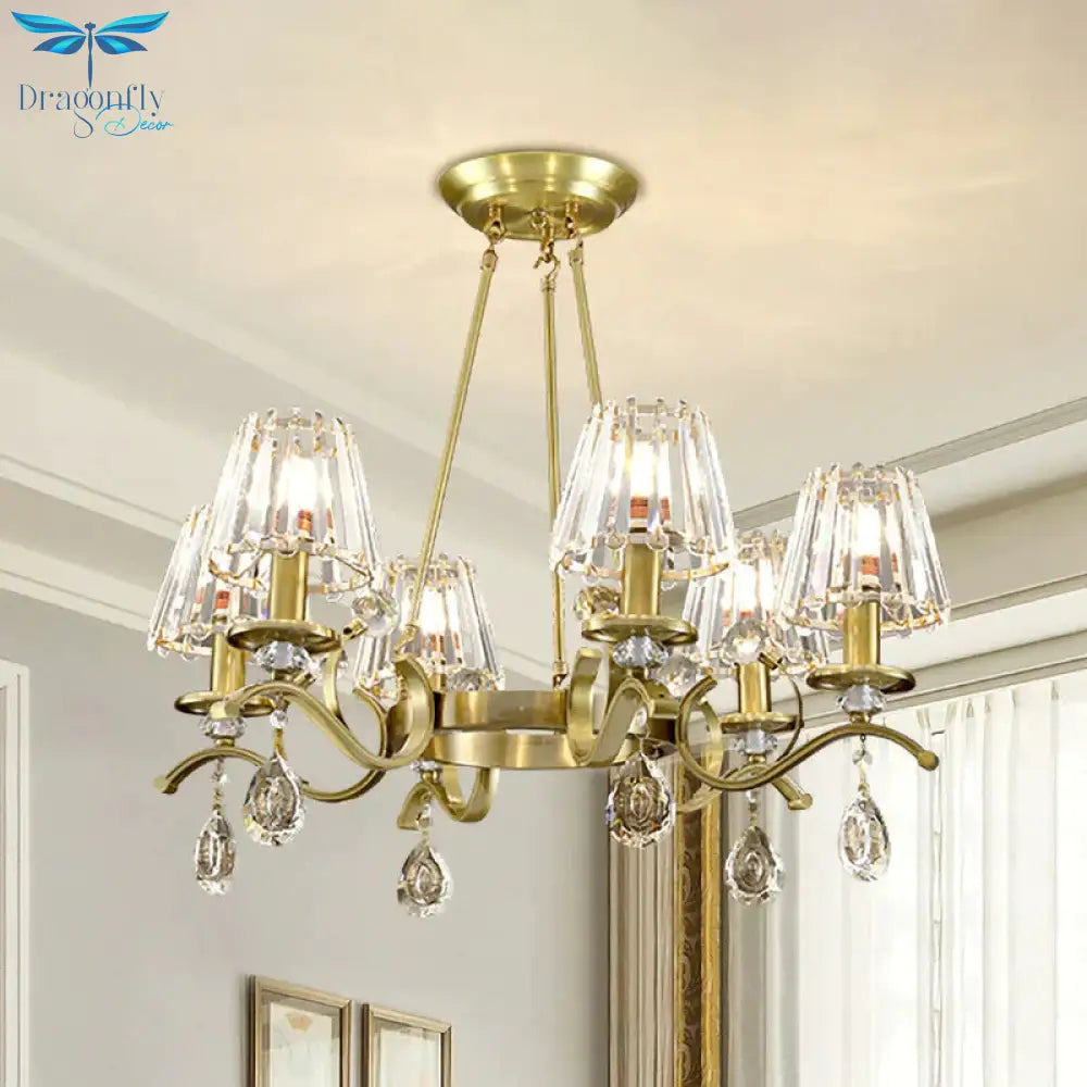 Gold Finish Wheel Chandelier Postmodern Metal 6 - Head Living Room Hanging Lamp With Cone Crystal