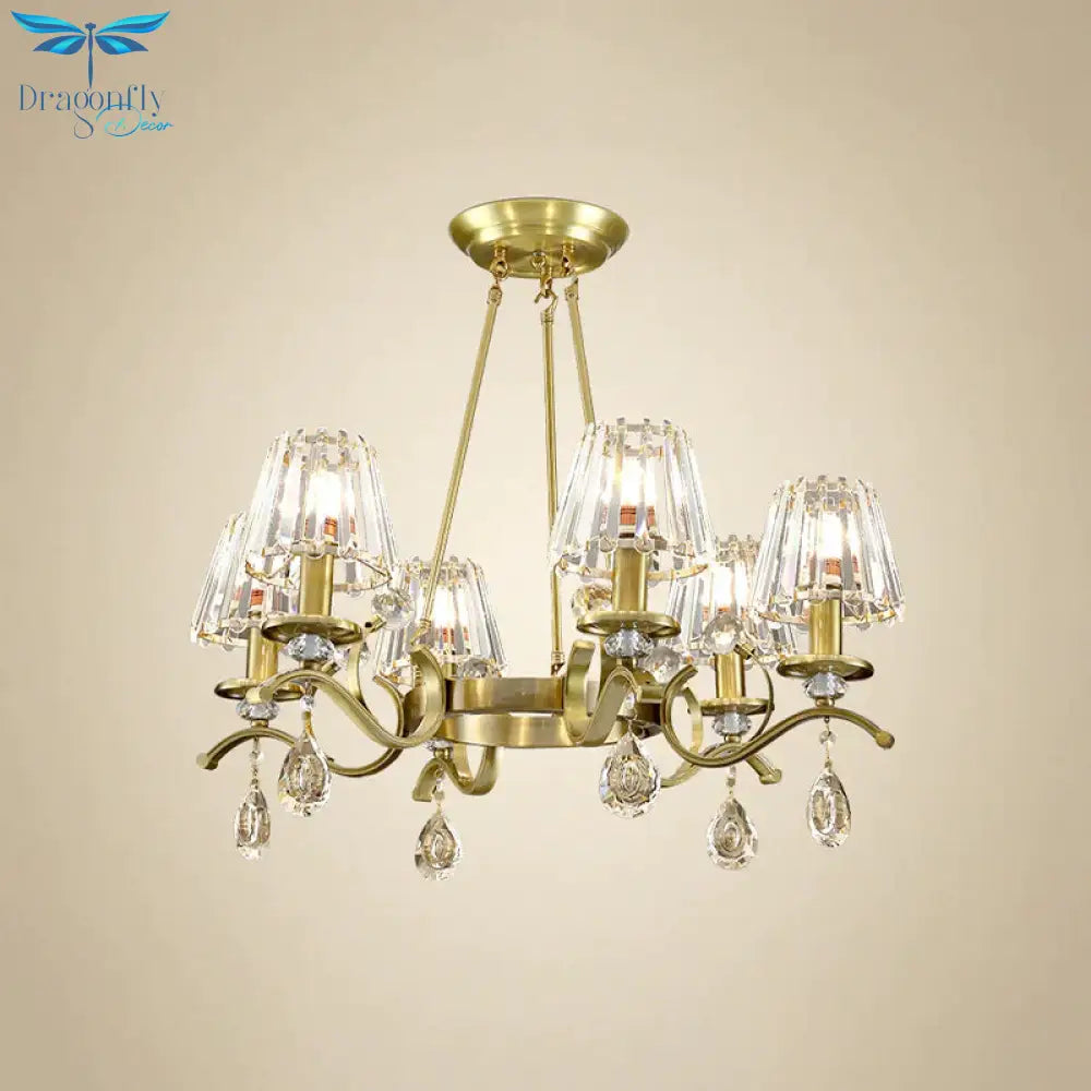 Gold Finish Wheel Chandelier Postmodern Metal 6 - Head Living Room Hanging Lamp With Cone Crystal