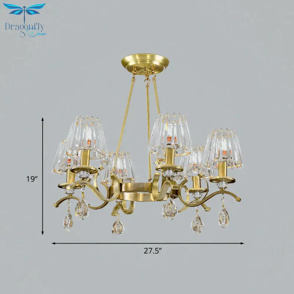 Gold Finish Wheel Chandelier Postmodern Metal 6 - Head Living Room Hanging Lamp With Cone Crystal