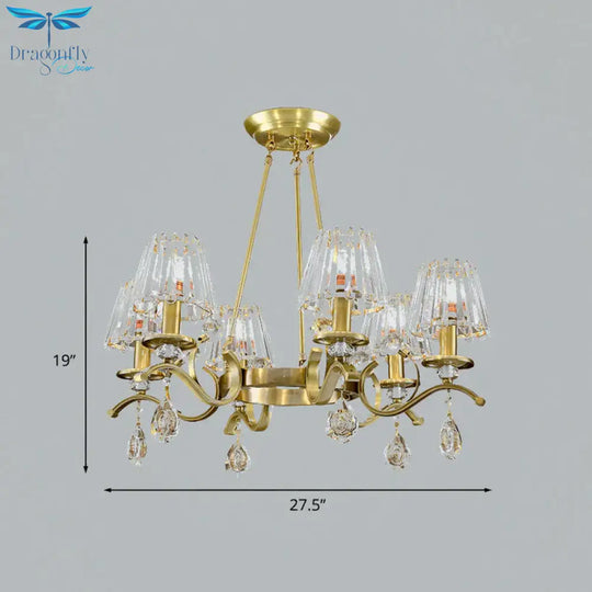 Gold Finish Wheel Chandelier Postmodern Metal 6 - Head Living Room Hanging Lamp With Cone Crystal
