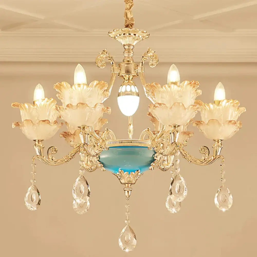 Gold Floral Chandelier Lighting Mid Century Frosted Glass 6/8 Heads Bedroom Pendant With Crystal