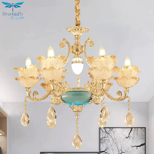 Gold Floral Chandelier Lighting Mid Century Frosted Glass 6/8 Heads Bedroom Pendant With Crystal