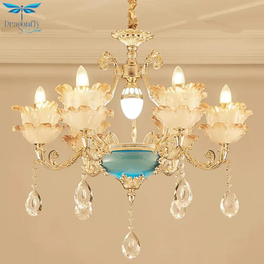 Gold Floral Chandelier Lighting Mid Century Frosted Glass 6/8 Heads Bedroom Pendant With Crystal