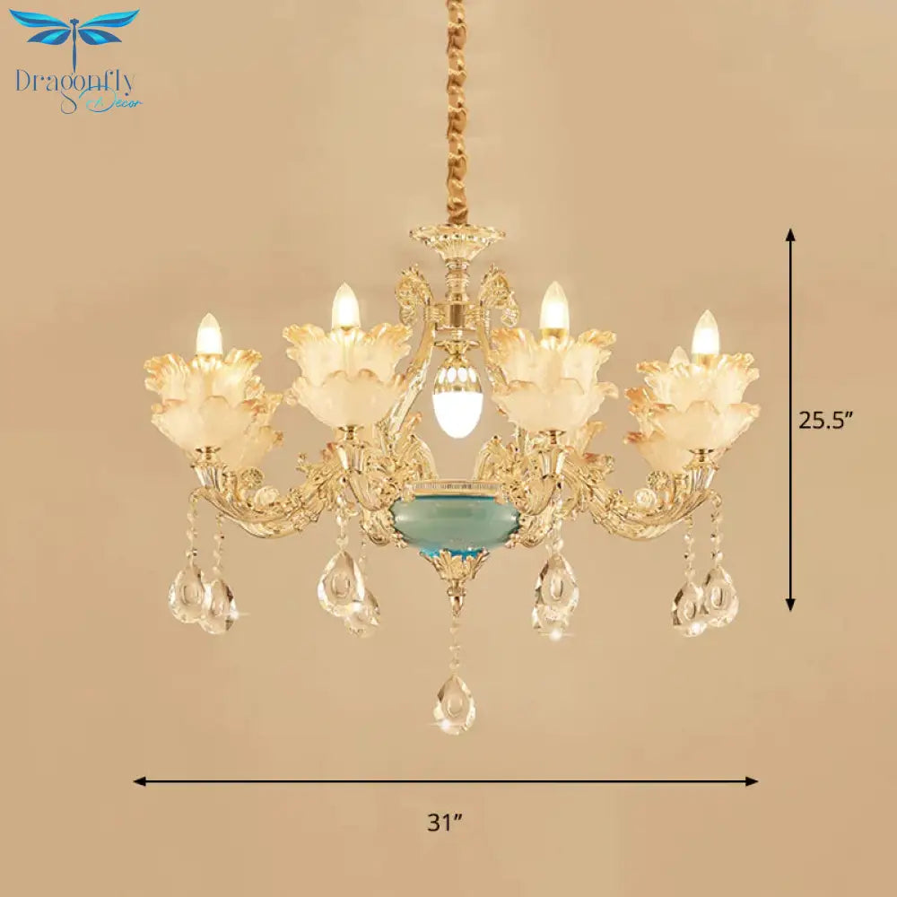 Gold Floral Chandelier Lighting Mid Century Frosted Glass 6/8 Heads Bedroom Pendant With Crystal