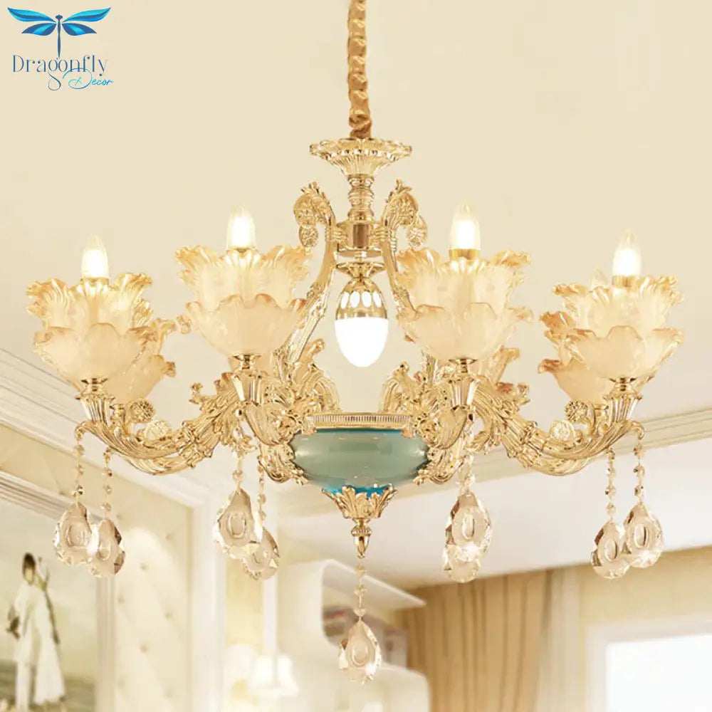 Gold Floral Chandelier Lighting Mid Century Frosted Glass 6/8 Heads Bedroom Pendant With Crystal