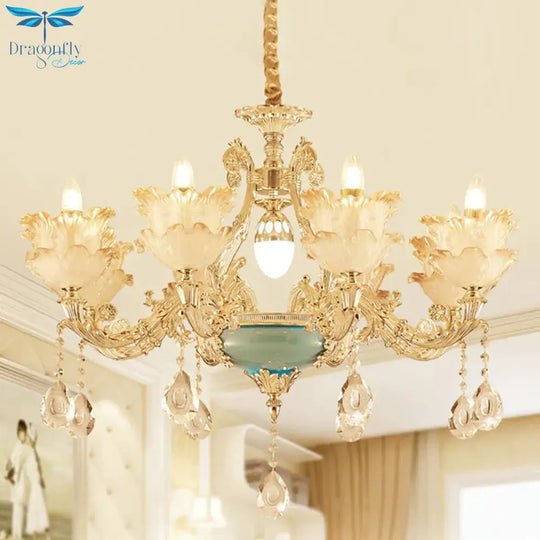 Gold Floral Chandelier Lighting Mid Century Frosted Glass 6/8 Heads Bedroom Pendant With Crystal