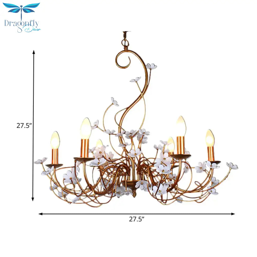 Gold Flower Shaped Chandelier Lamp Country Metal 6 Lights Living Room Hanging Light