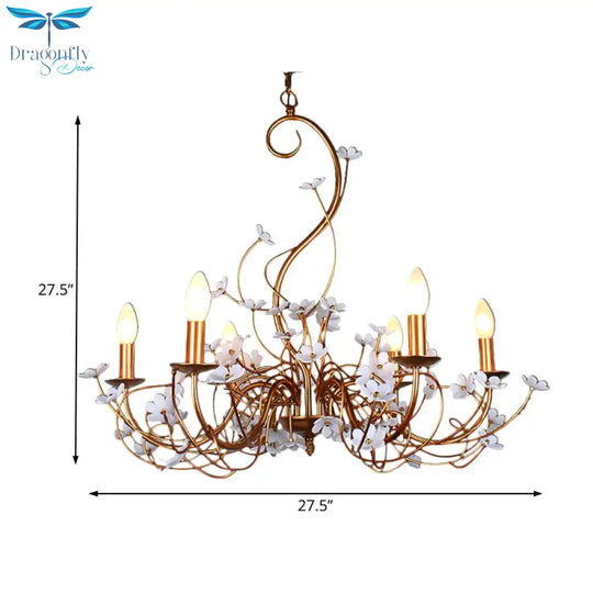 Gold Flower Shaped Chandelier Lamp Country Metal 6 Lights Living Room Hanging Light