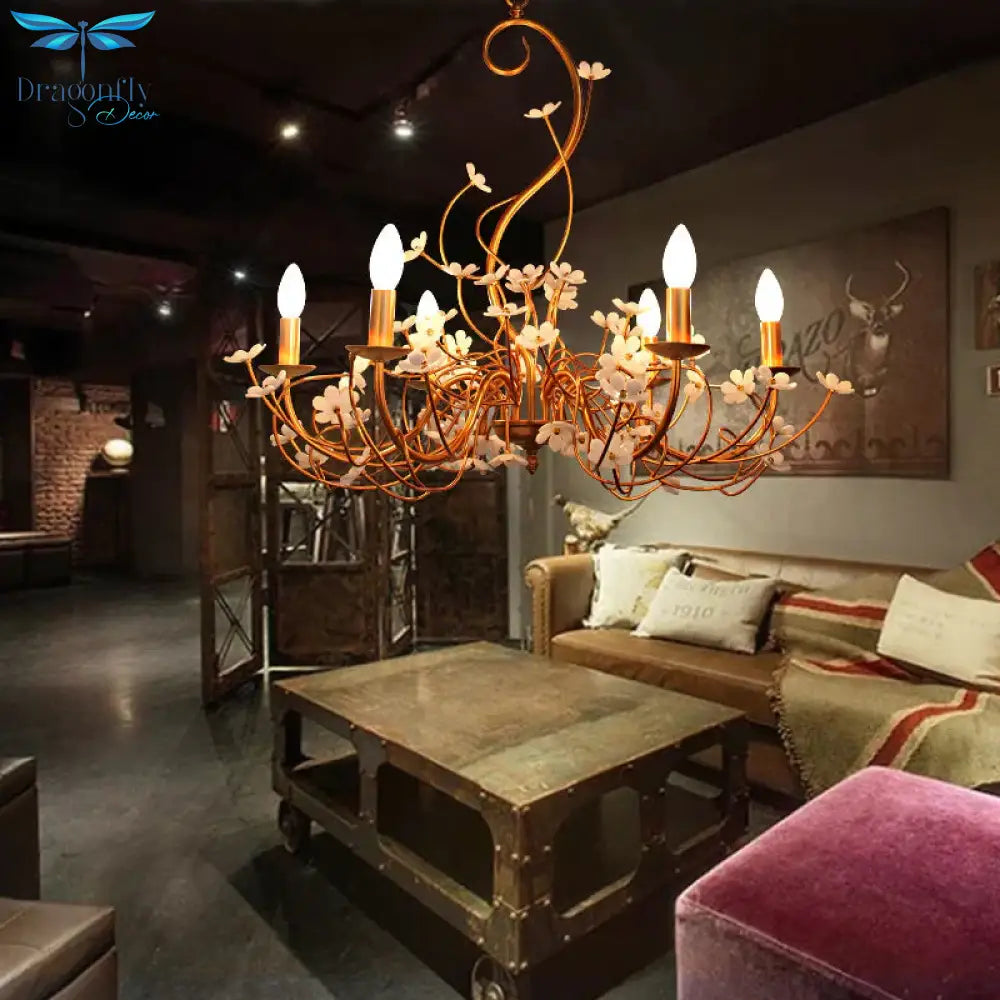 Gold Flower Shaped Chandelier Lamp Country Metal 6 Lights Living Room Hanging Light