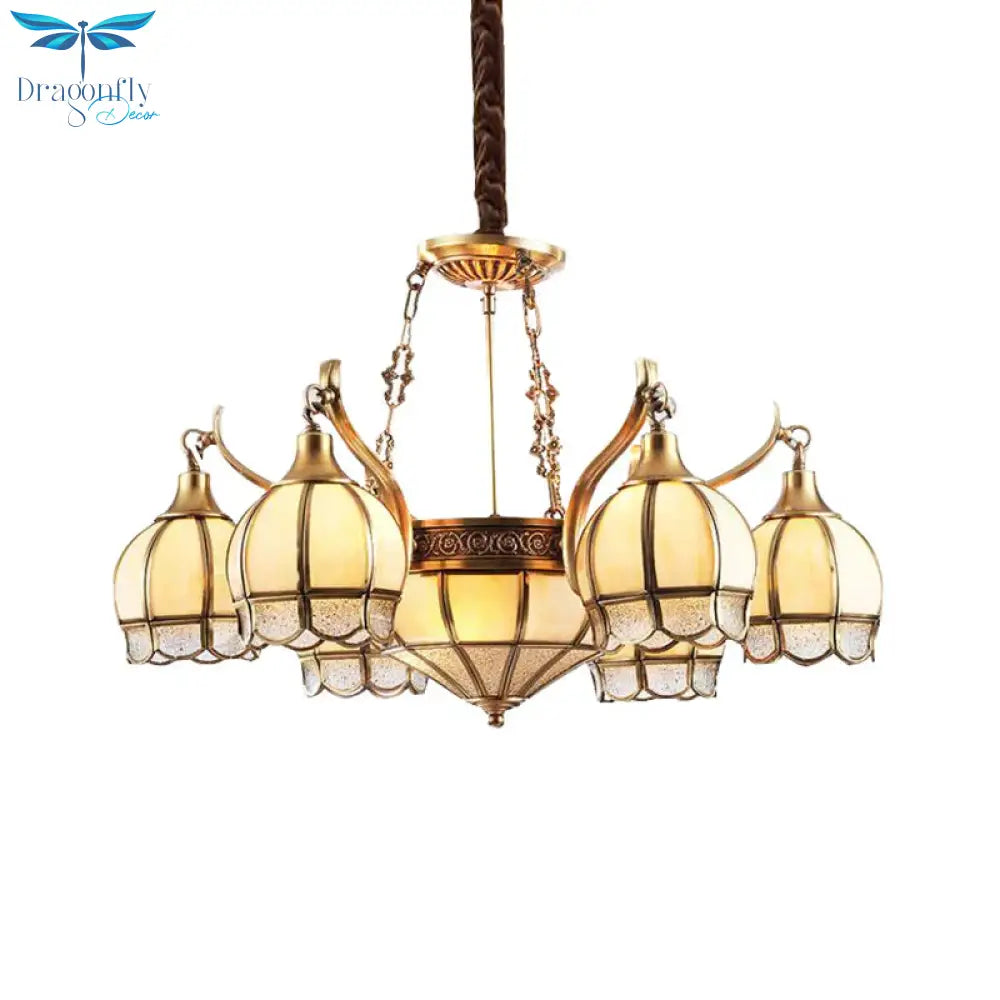 Gold Flower Shaped Chandelier Lighting Colonial Frosted Glass 9 Lights Living Room Hanging Pendant