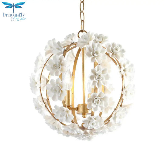 Gold Globe Ceiling Chandelier Modernism Metal 3 Heads Hanging Light Fixture With White Flowers