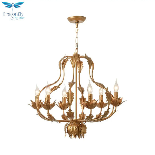 Gold Gourd Chandelier Lighting Traditional Metal 6 Bulbs Pendant Light Fixture For Living Room