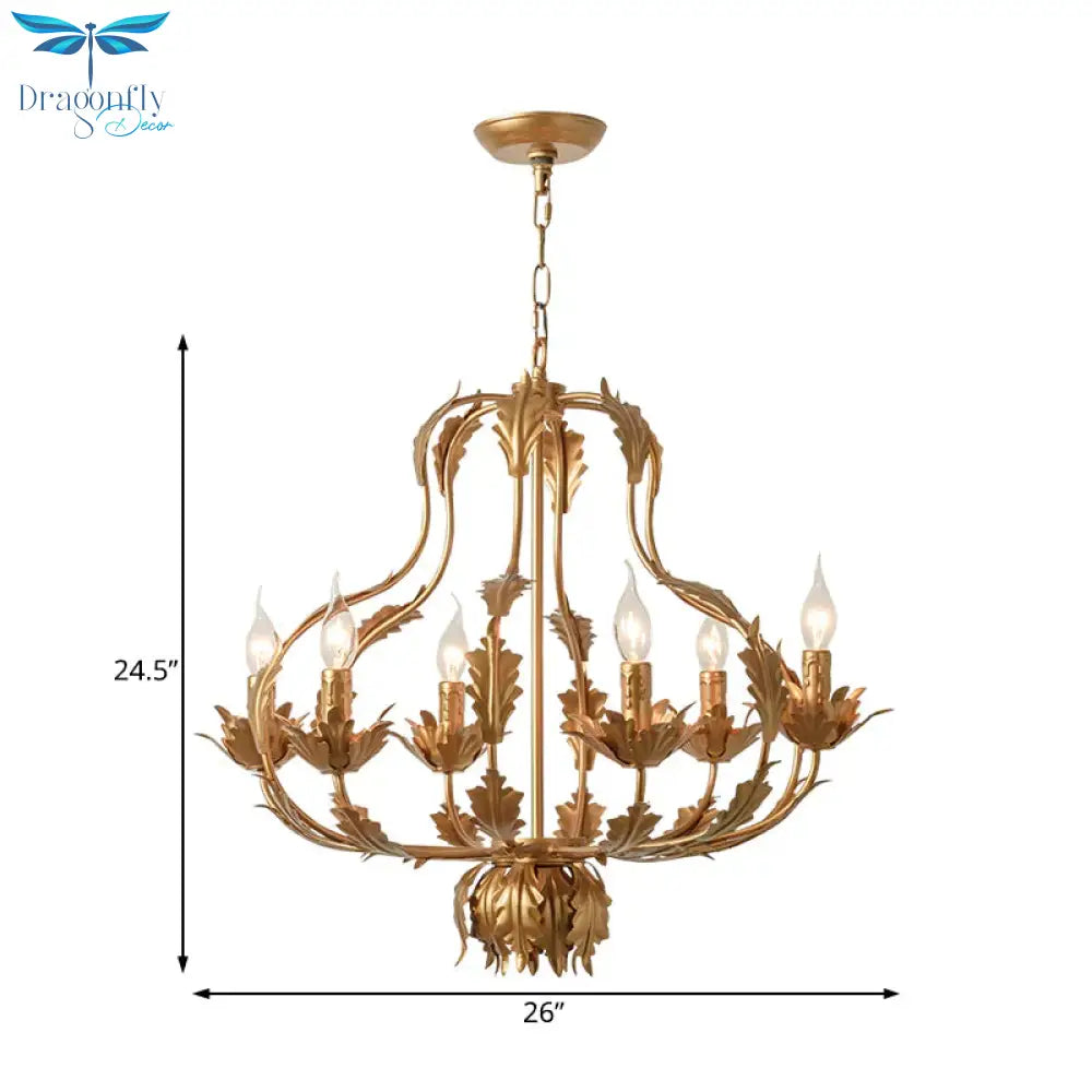 Gold Gourd Chandelier Lighting Traditional Metal 6 Bulbs Pendant Light Fixture For Living Room