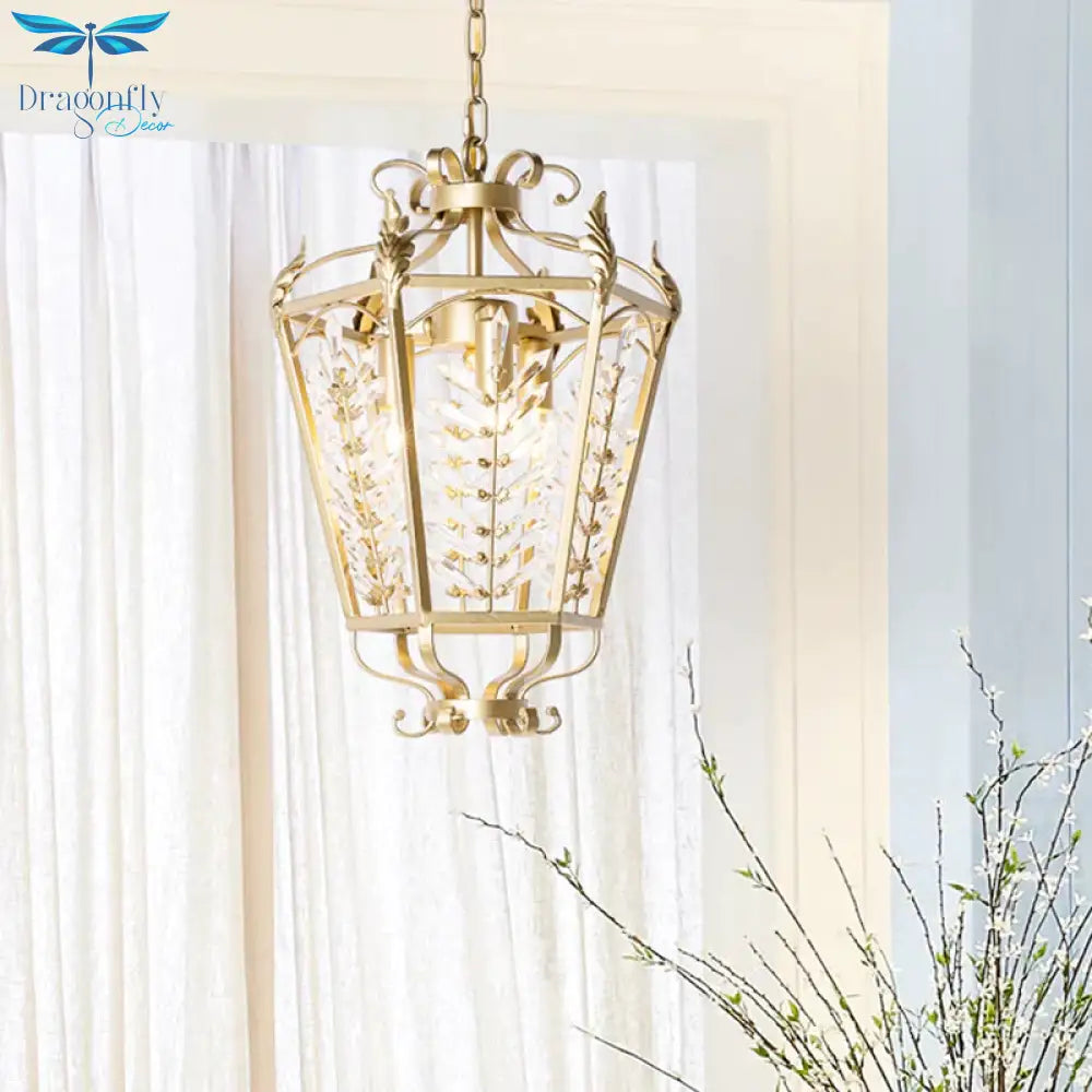 Gold Lantern Chandelier Light Traditional Metal 3 Lights Dining Room Hanging Ceiling With Crystal