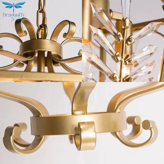 Gold Lantern Chandelier Light Traditional Metal 3 Lights Dining Room Hanging Ceiling With Crystal