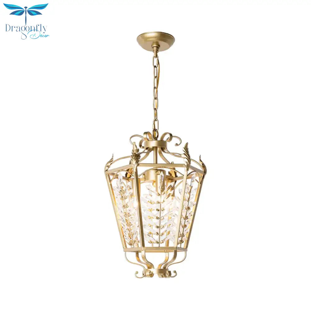 Gold Lantern Chandelier Light Traditional Metal 3 Lights Dining Room Hanging Ceiling With Crystal