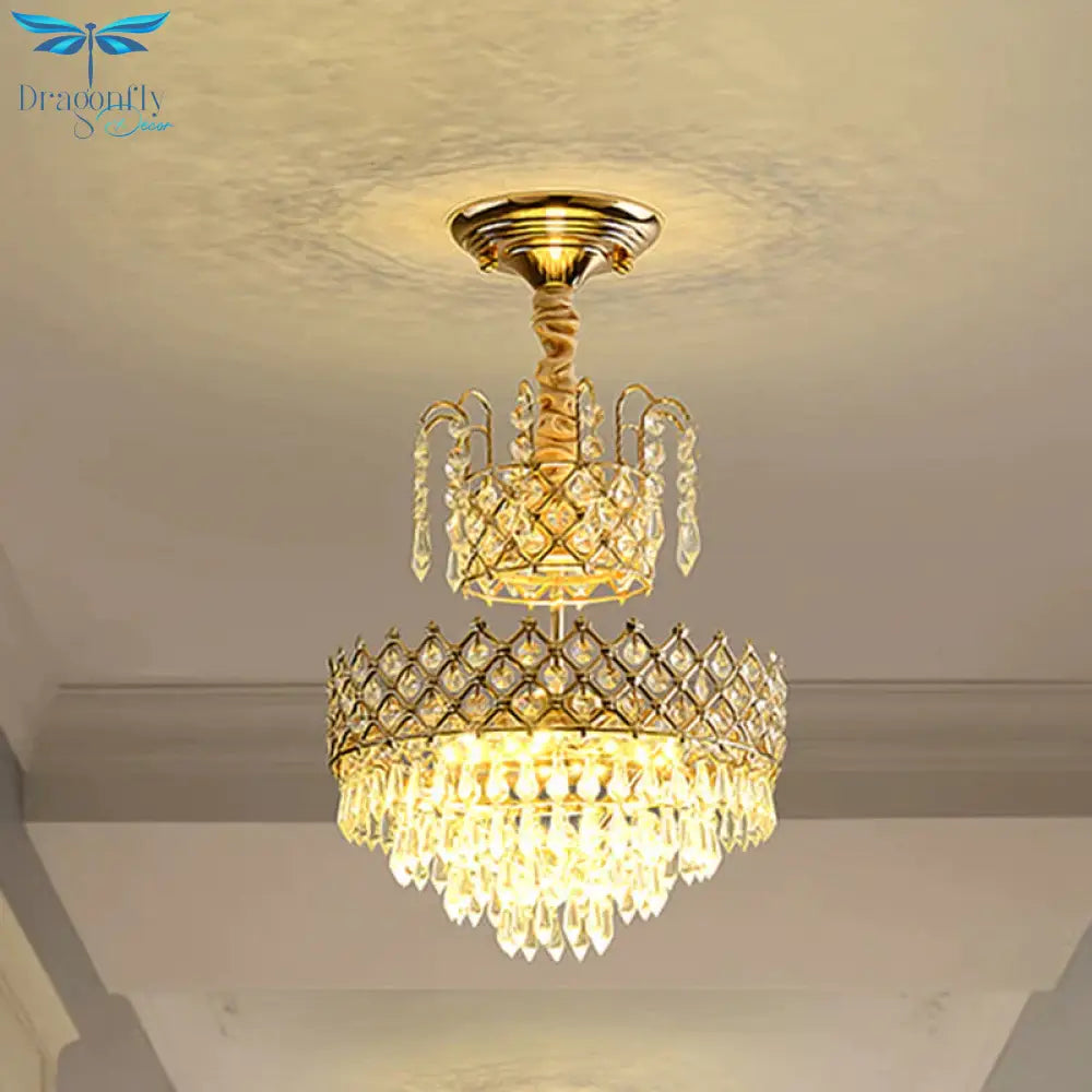 Gold Led Ceiling Pendant Lamp Vintage Crystal Layered Cone Shaped Chandelier For Corridor
