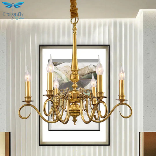 Gold Scrolled Arm Hanging Chandelier Colonial Metal 6 Lights Restaurant Ceiling Pendant