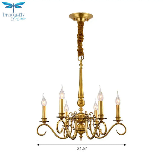 Gold Scrolled Arm Hanging Chandelier Colonial Metal 6 Lights Restaurant Ceiling Pendant