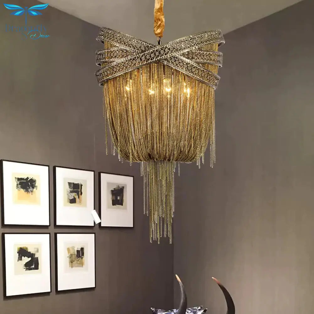 Gold/Silver 4/6/8 Lights Chandelier Lighting Rustic Metal Draped Beaded Hanging Light Fixture