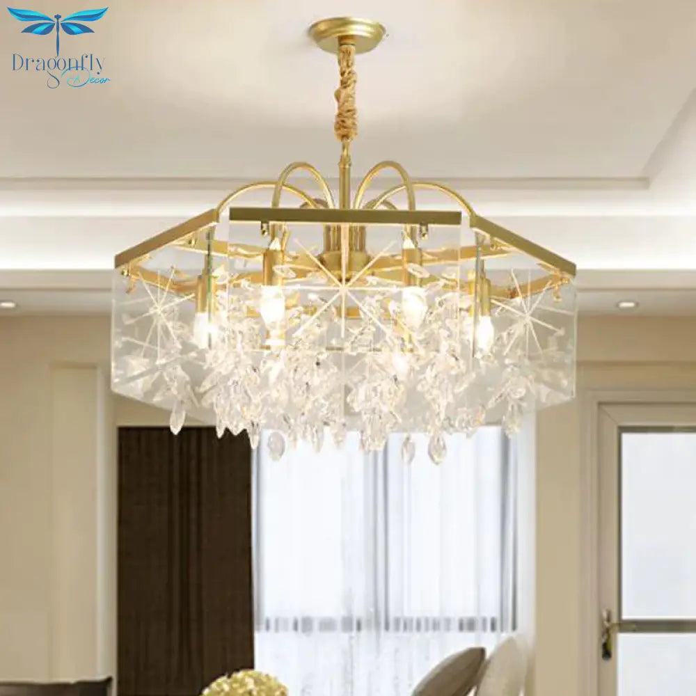 Gold Square Hanging Chandelier Lodge Crystal 4/6/8 Lights Living Room Suspension Pendant