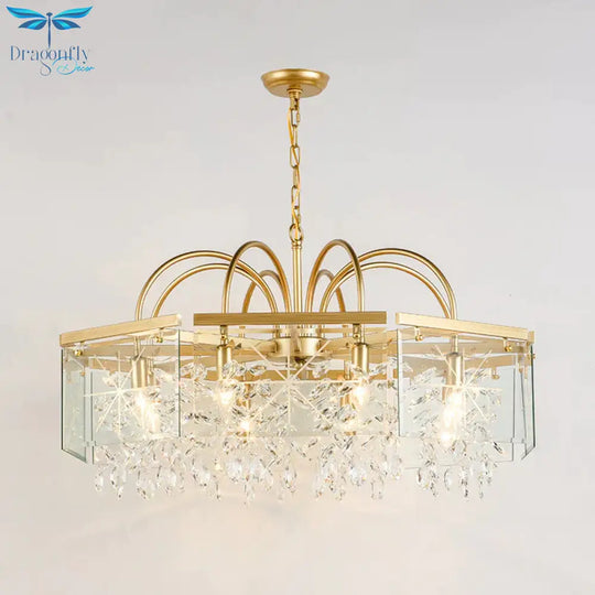 Gold Square Hanging Chandelier Lodge Crystal 4/6/8 Lights Living Room Suspension Pendant