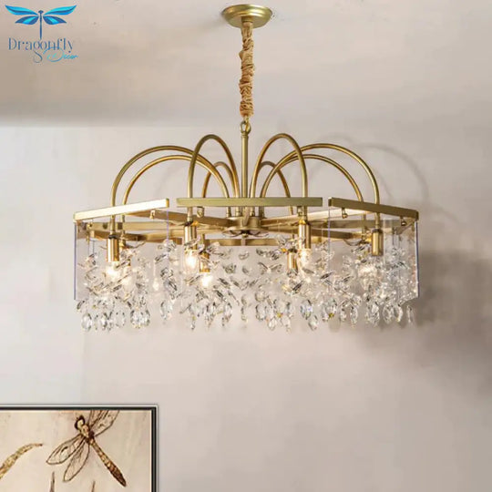 Gold Square Hanging Chandelier Lodge Crystal 4/6/8 Lights Living Room Suspension Pendant
