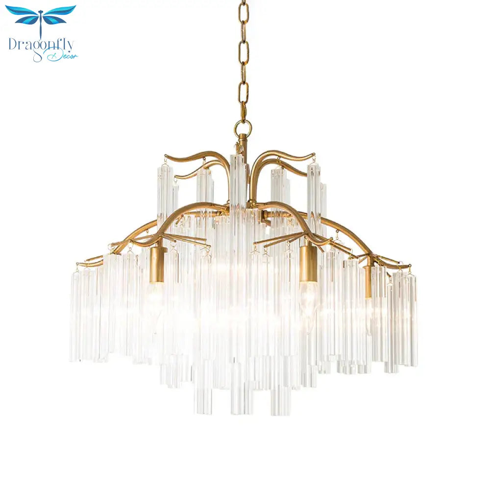 Gold Tube Chandelier Lamp Countryside Crystal 7/9 Lights Living Room Hanging Pendant Light