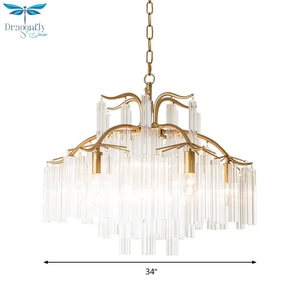Gold Tube Chandelier Lamp Countryside Crystal 7/9 Lights Living Room Hanging Pendant Light