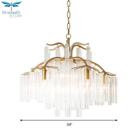 Gold Tube Chandelier Lamp Countryside Crystal 7/9 Lights Living Room Hanging Pendant Light