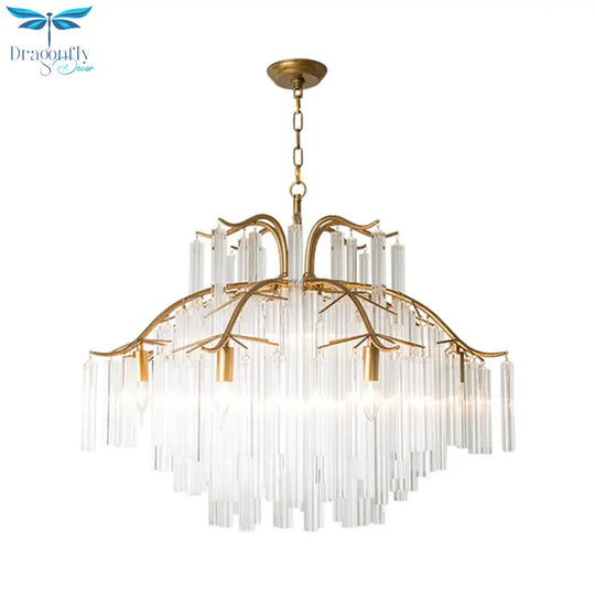 Gold Tube Chandelier Lamp Countryside Crystal 7/9 Lights Living Room Hanging Pendant Light