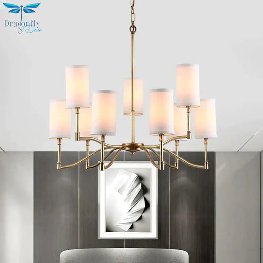 Gold Tubular Pendant Chandelier Colonial Style Fabric 6/9 - Bulb Down Lighting With Twisted Arm For
