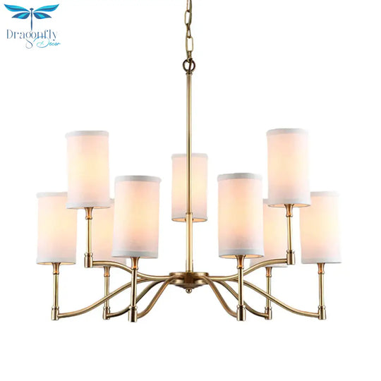 Gold Tubular Pendant Chandelier Colonial Style Fabric 6/9 - Bulb Down Lighting With Twisted Arm For