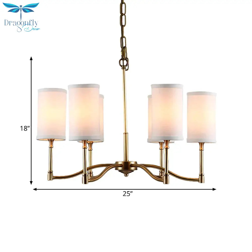 Gold Tubular Pendant Chandelier Colonial Style Fabric 6/9 - Bulb Down Lighting With Twisted Arm For